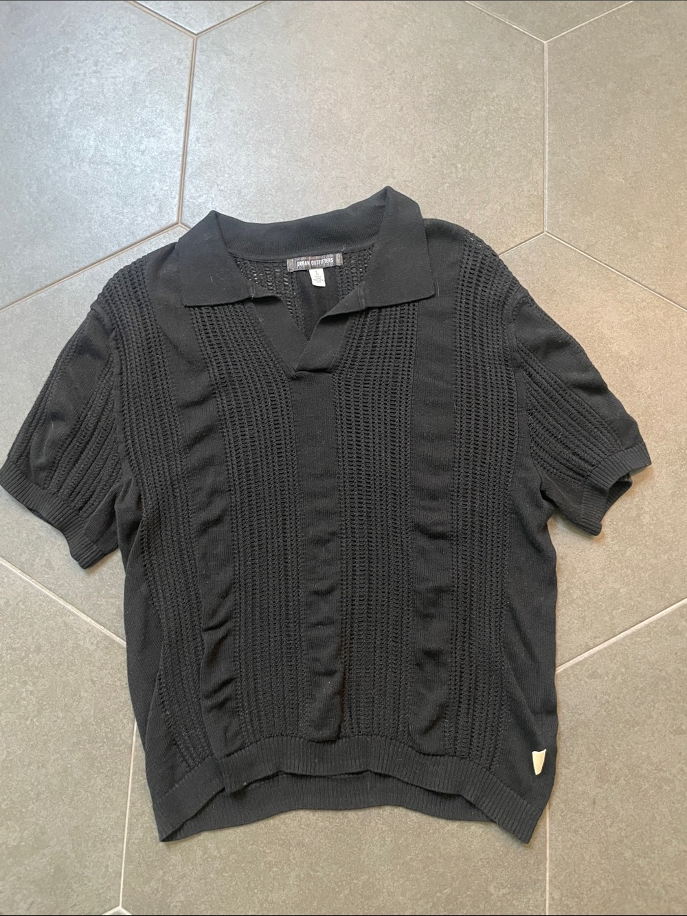 Urban Outfitters Black Short-Sleeve Open Weave Knit Polo Sweater L